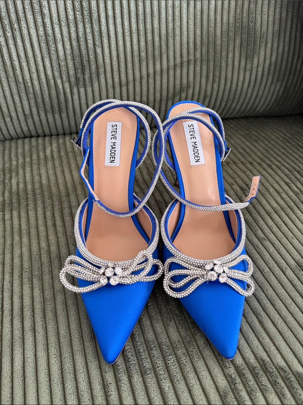 Steve Madden Cobalt Blue Satin Pointed-Toe Ankle-Strap Heels with Crystal Bow